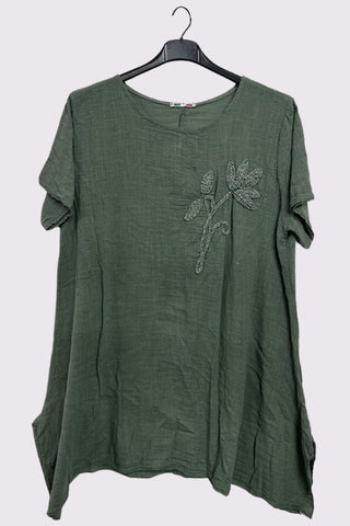 Embroidered Flower Side Slits Oversized Cotton Top