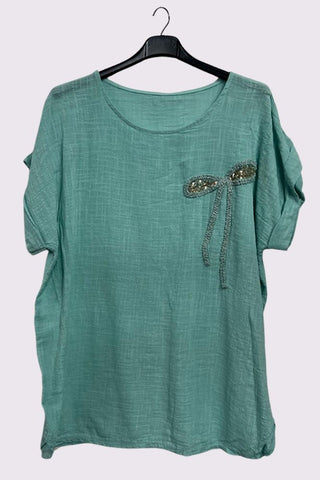 Textured Embroidered Sequin Curved Hem Cotton Top