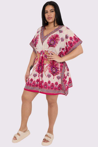 Peacock Feather Print Drawstring Waist Kaftan