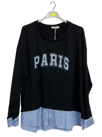 Paris Graphic Print Contrasting Striped Hem Cotton Sweatshirt