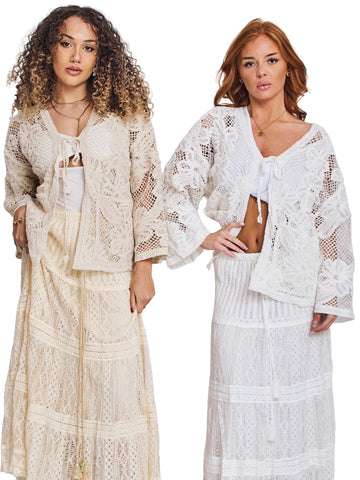 Crochet Knit Front Pockets Cotton Cardigan