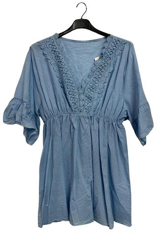 Plain V-Neckline With Lace Trim Detailing Tunic Cotton Dress