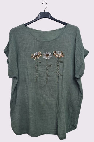 Sequin Embroidered Flower Pattern Curved Hem Cotton Top