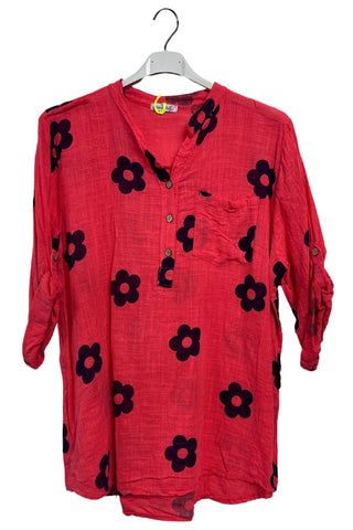 Floral Print Single Chest Pocket Cotton Top