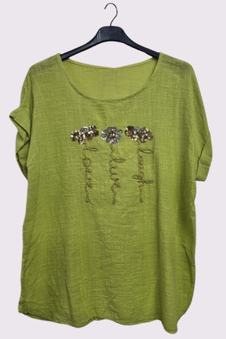Sequin Embroidered Flower Pattern Curved Hem Cotton Top