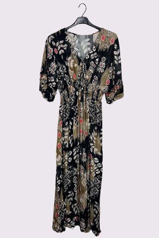 Leaves Print Gathered Waist Dress