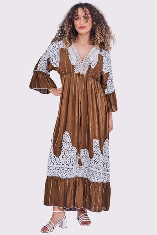 Gold Stripe Cut Out Patch Pattern Maxi Long Sleeve Boho Style Dress