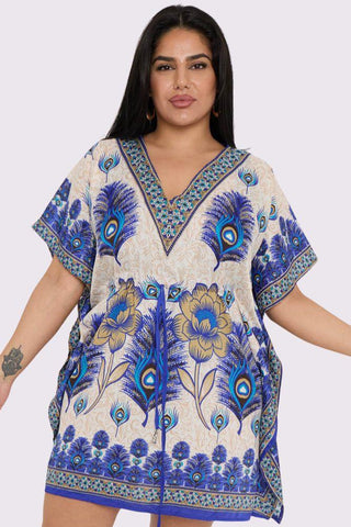 Peacock Feather Print Drawstring Waist Kaftan