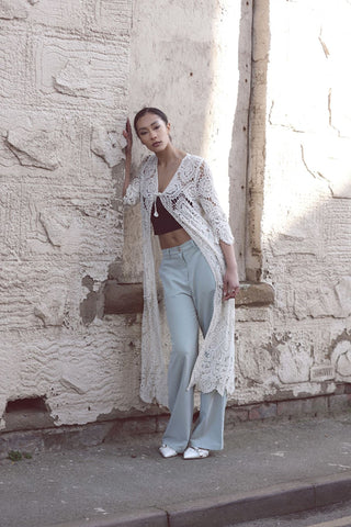 Floral Crochet Pattern Drawstring Fastening Cotton Long Cardigan