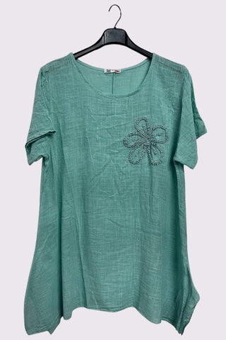 Embroidered Floral Side Slits Oversized Cotton Top