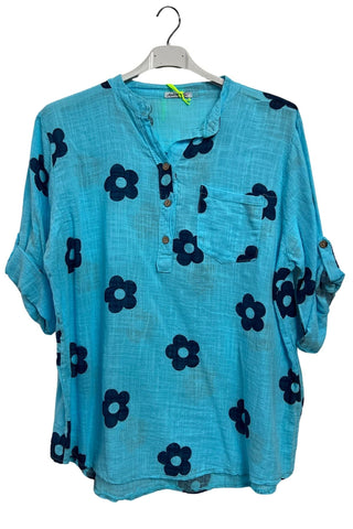 Floral Print Single Chest Pocket Cotton Top