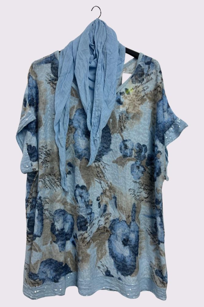 Floral Print Sequin Detail Hem With Scarf Box Top