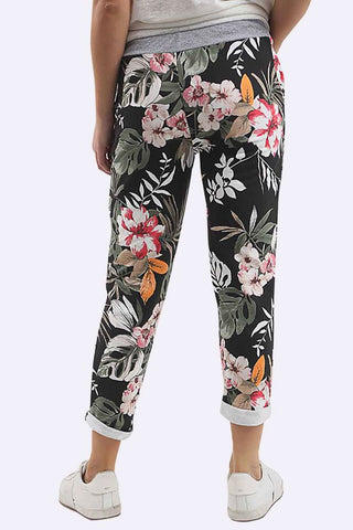 Women Cotton Tropical Print Drawstring Trouser