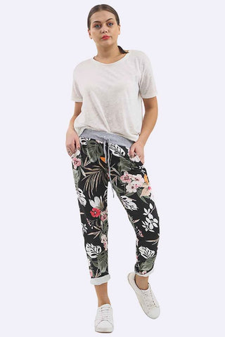 Women Cotton Tropical Print Drawstring Trouser