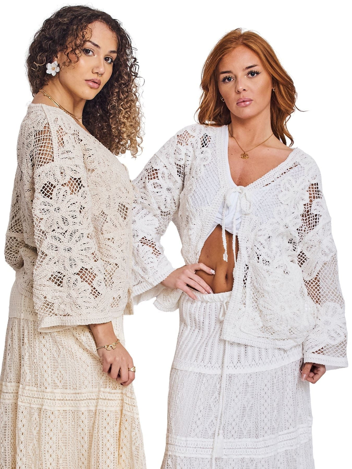 Crochet Knit Front Pockets Cotton Cardigan