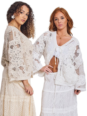 Crochet Knit Front Pockets Cotton Cardigan