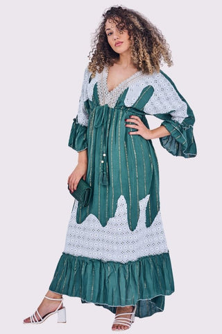 Gold Stripe Cut Out Patch Pattern Maxi Long Sleeve Boho Style Dress
