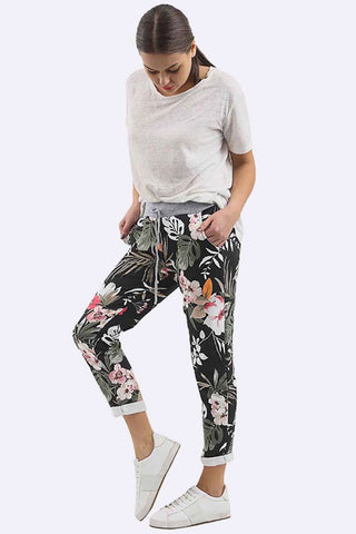 Women Cotton Tropical Print Drawstring Trouser