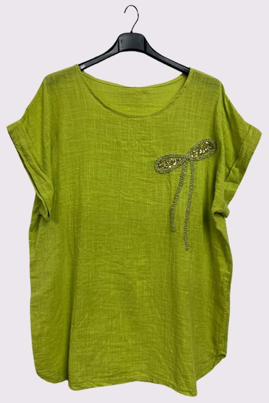 Textured Embroidered Sequin Curved Hem Cotton Top