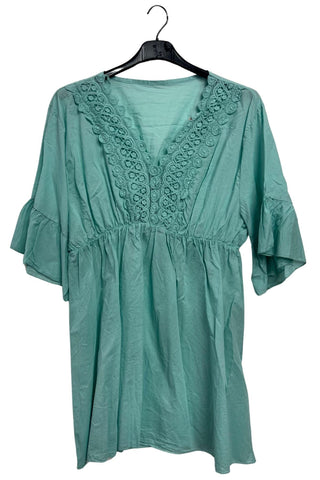 Plain V-Neckline With Lace Trim Detailing Tunic Cotton Dress