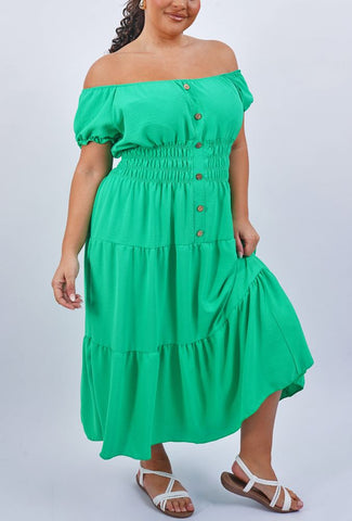 Plain Shirred Waist Tiered Dress