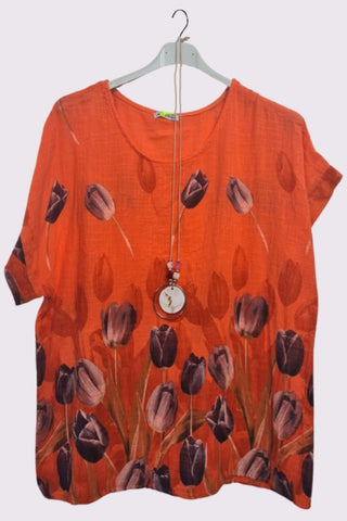 Tulip Flower Print Oversized Cotton Top