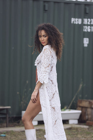 Floral Crochet Pattern Drawstring Fastening Cotton Long Cardigan