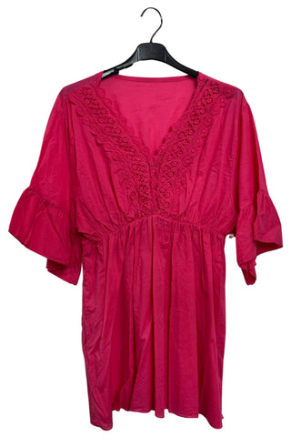Plain V-Neckline With Lace Trim Detailing Tunic Cotton Dress
