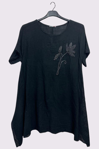 Embroidered Flower Side Slits Oversized Cotton Top