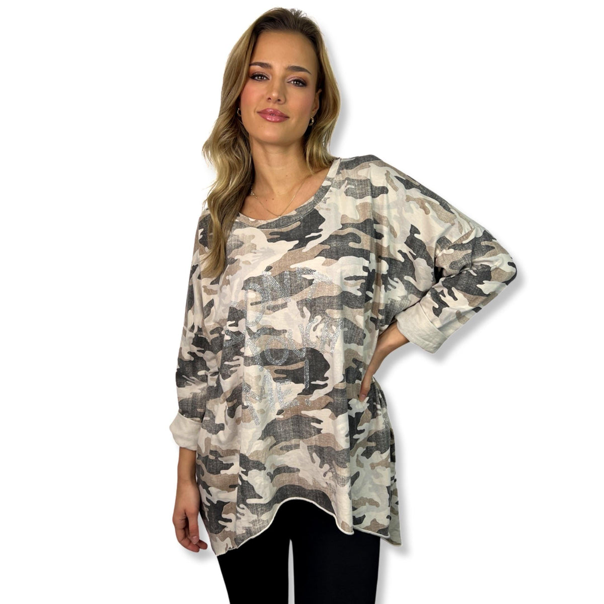Cotton Oversized Camo Dress Shirt with Diamante