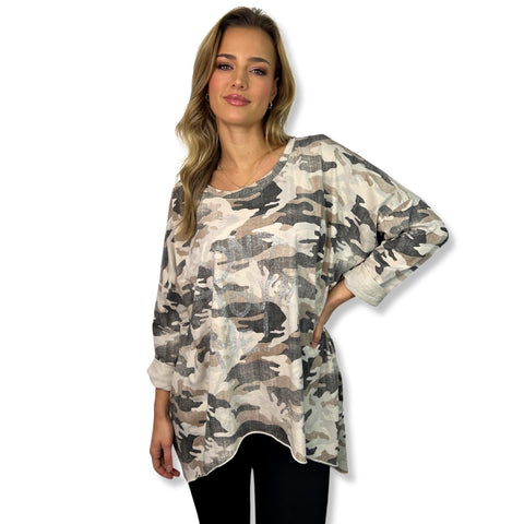 Cotton Oversized Camo Dress Shirt with Diamante