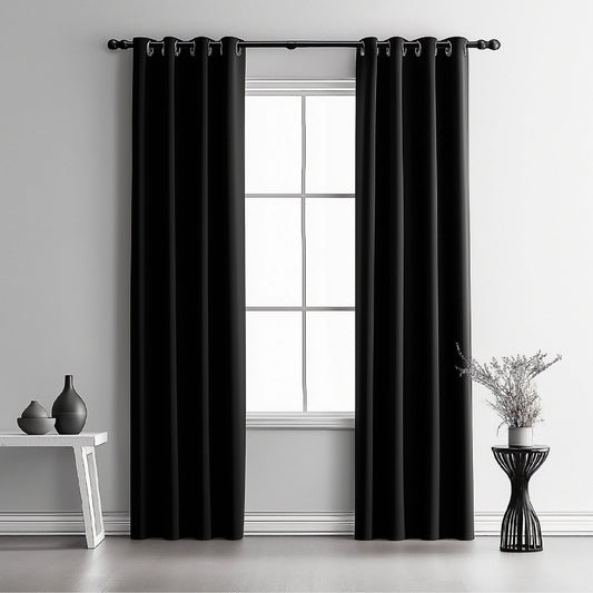 Black Blackout curtains  Eyelet Ready Made Pair & 2 Tie Backs