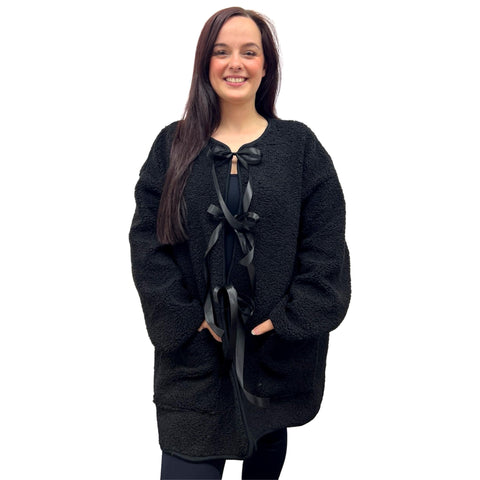 Ribbon Tie Open Sherpa Coat (Various Colors)