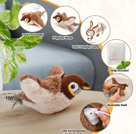 Interactive Rechargeable Chirping Bird Cat Toy with Catnip