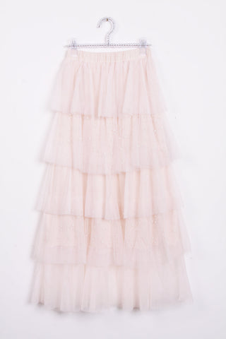 Ruffles Pearls Beading Mesh Tulle Long Skirt