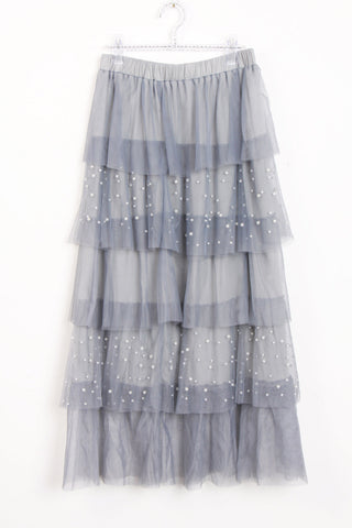 Ruffles Pearls Beading Mesh Tulle Long Skirt