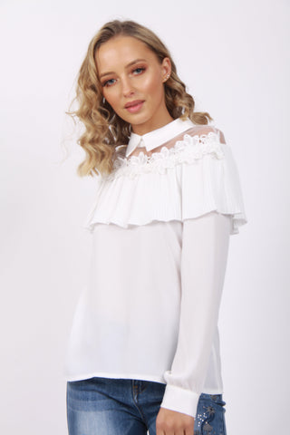 Mesh Floral Applique Collar Summer Shirt Top