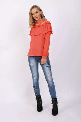 Mesh Floral Applique Collar Summer Shirt Top