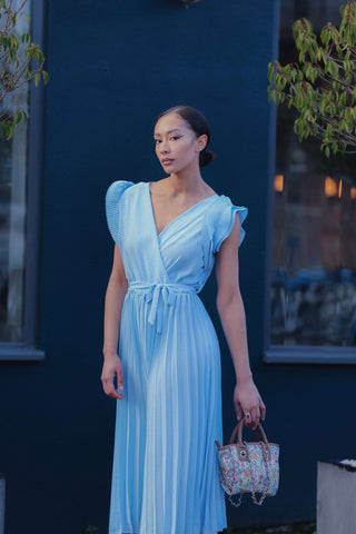 Plain Pleated Wrapover Belted Dress