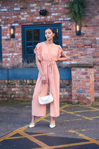 Plain Ruffle Sleeve Wrapover Belted Jumpsuit