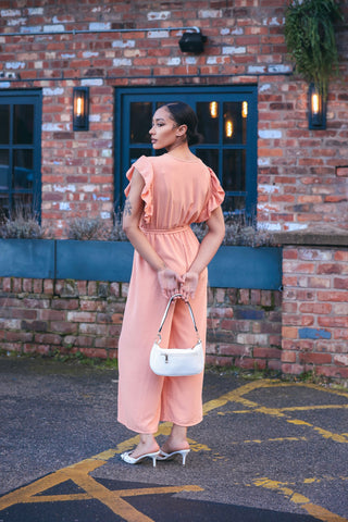 Plain Ruffle Sleeve Wrapover Belted Jumpsuit