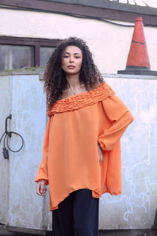 Plain Ruffle Neckline Oversized Top