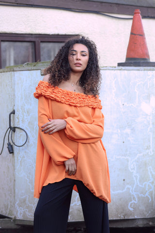 Plain Ruffle Neckline Oversized Top