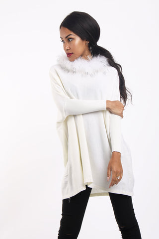 Oversized Fur Trim Collar Knitted Jumper