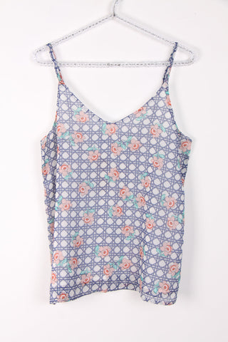 V Neck Floral Check Print Strappy Cami Top