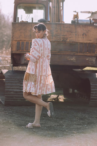 Foil Greek Key Paisley Print Lace Patch Work Dress