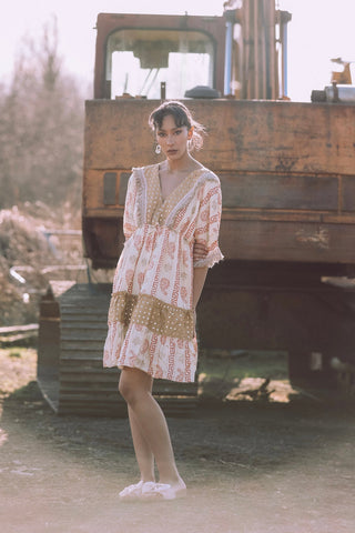 Foil Greek Key Paisley Print Lace Patch Work Dress