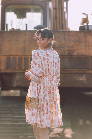 Foil Greek Key Paisley Print Lace Patch Work Dress