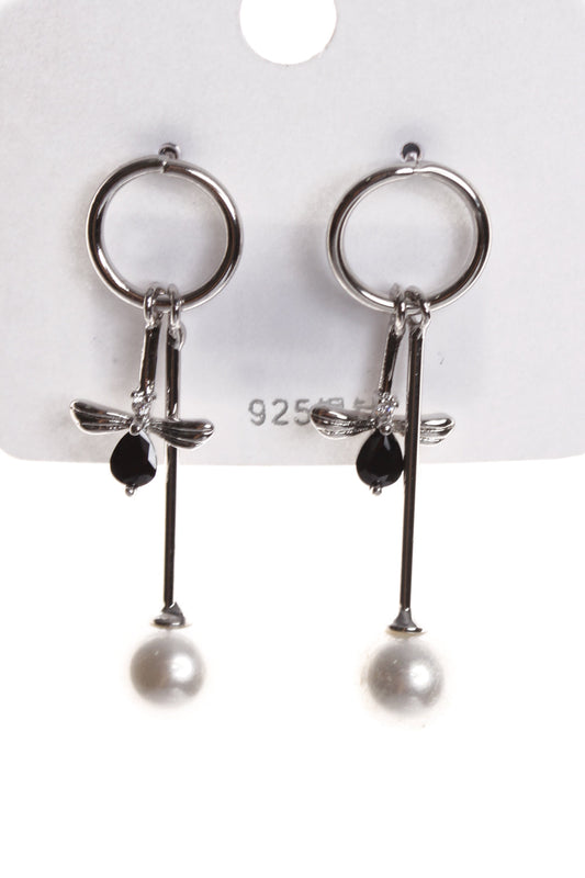 Bee Cubic Zirconia Earrings With Pearl In Silver