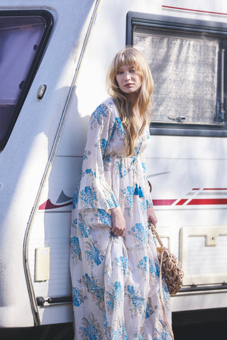 Flower Cluster Print Gold Stripes Dress